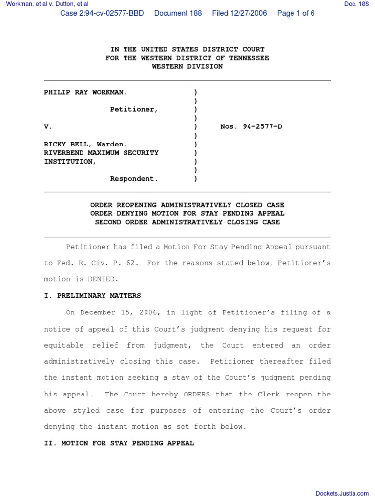 Workman, et al v. Dutton, et al Document No. 188 Prejudice (Legal