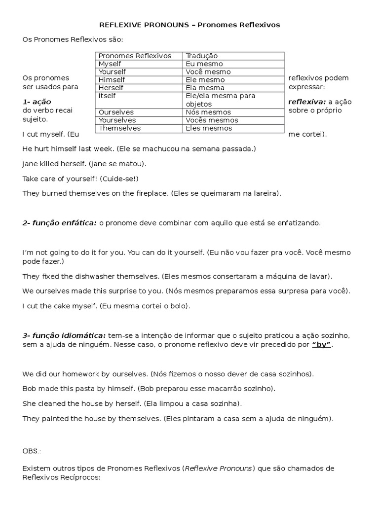 Pronomes Reflexivos em Inglês | PDF | Sintaxe | Gramática