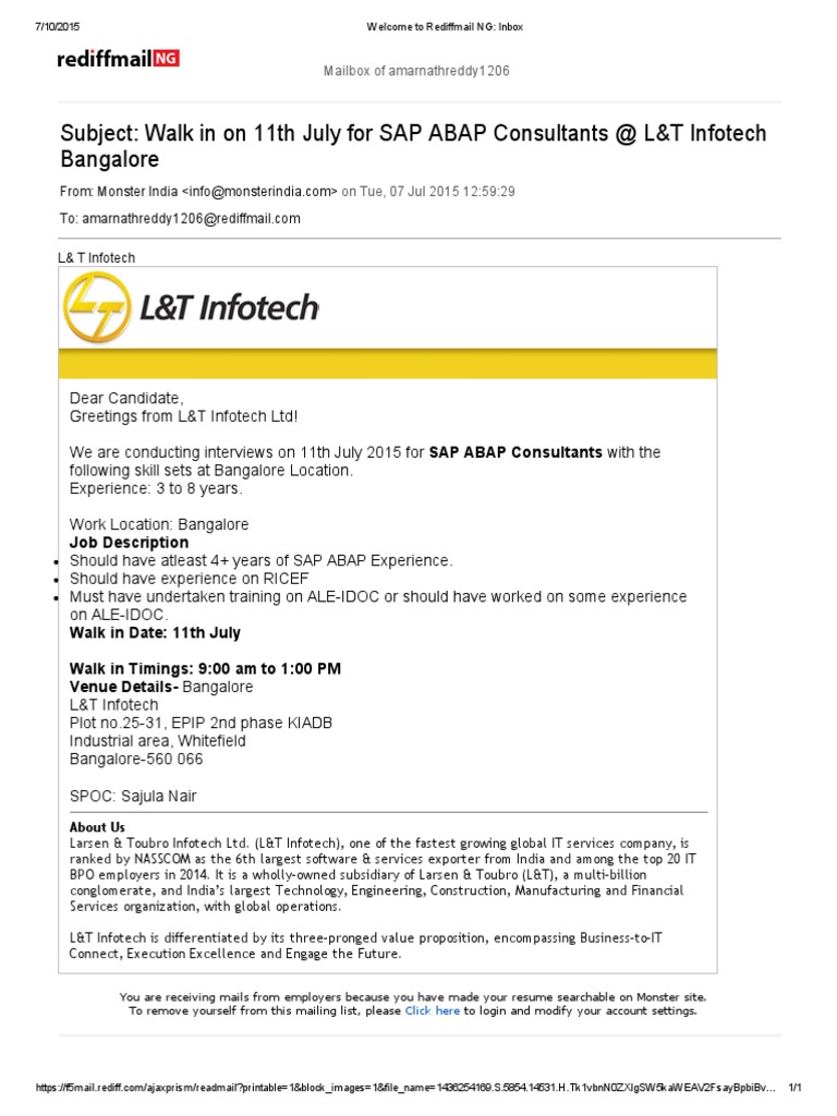 Welcome To Rediffmail NG - Inbox | PDF