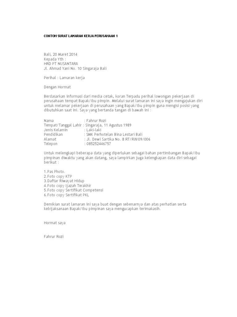 Cari Download Contoh Surat Lamaran Kerja Docx Kumpulan