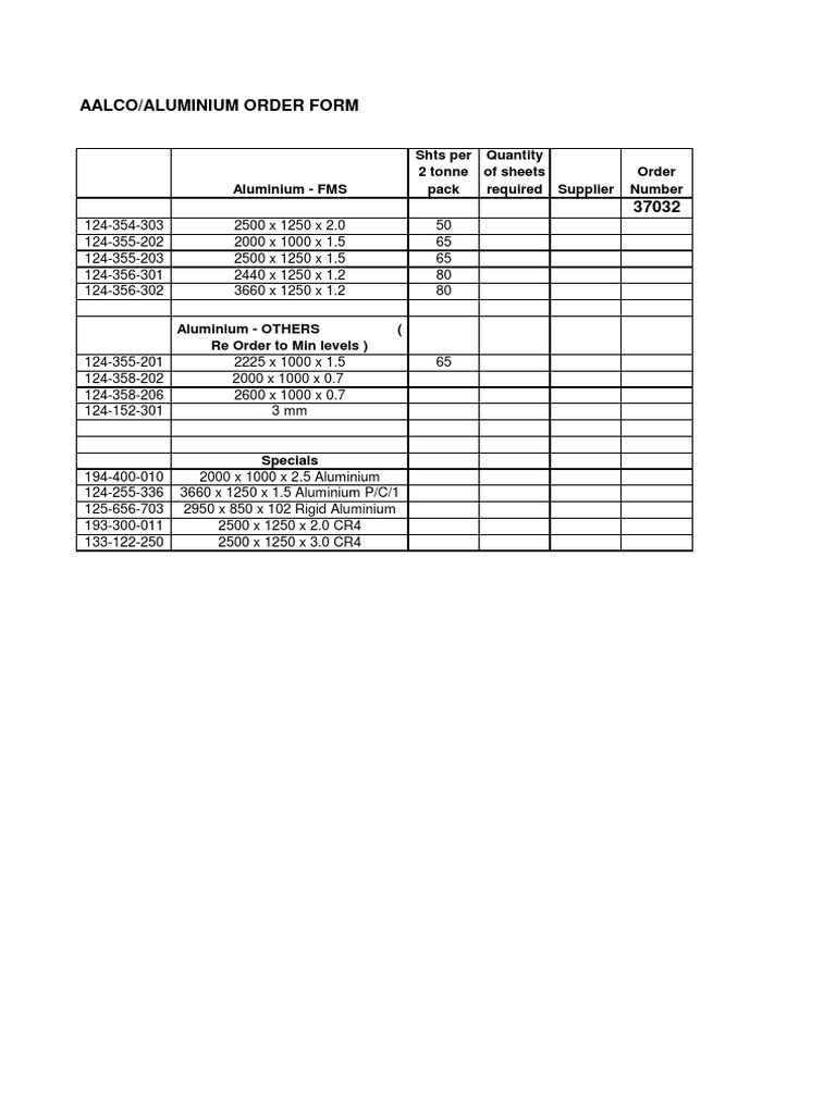 Aalco/Aluminium Order Form Shts Per 2 Tonne Pack Quantity of Sheets Required Supplier Order