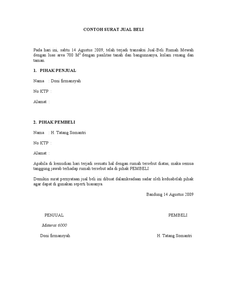 Contoh Surat Jual Beli