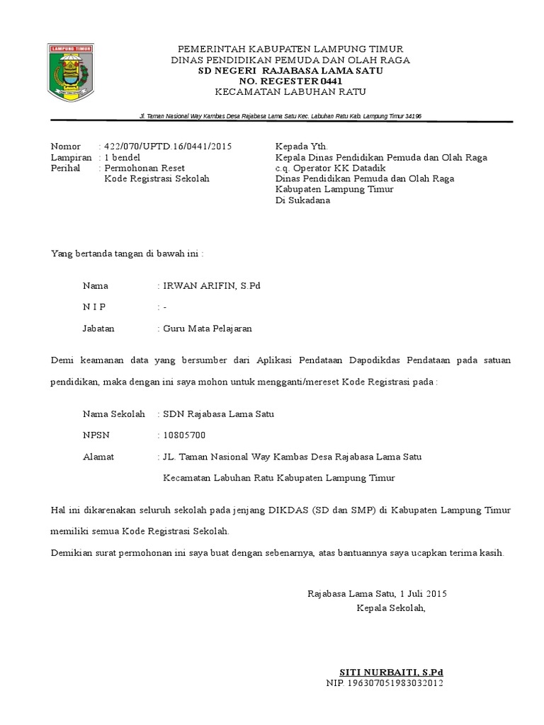 Surat Permohonan Reset Koreg 