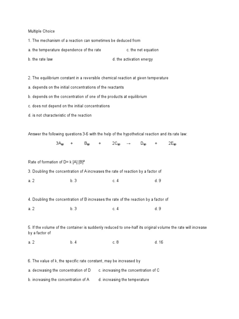 Key Concepts in Chemical Multiple Choice Questions on Reaction Rates, Rate Laws