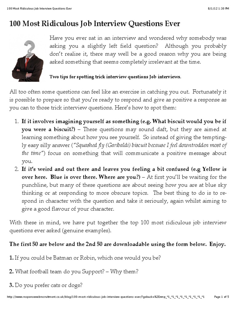 Top 100 Ridiculous Interview Questions | PDF | Job Interview | Leisure