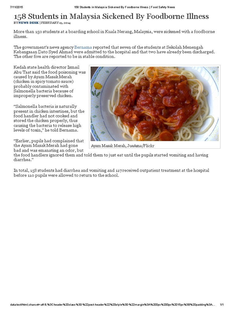 Food Poisoning Outbreak in Malaysia | PDF