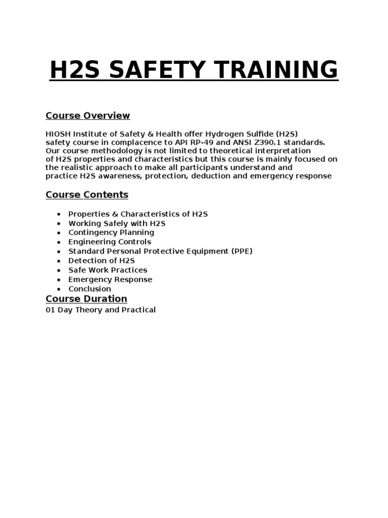 H2S Safety Training Program Information