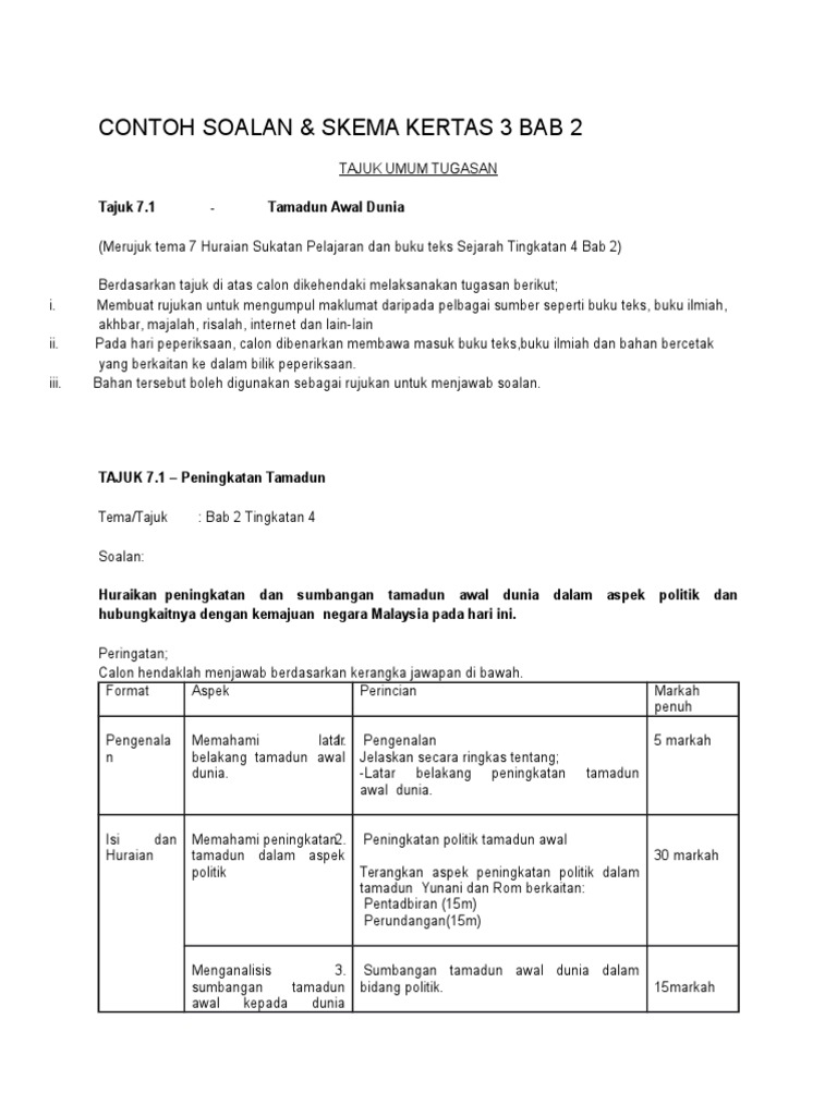 Contoh Soalan Skema Kertas 3 Bab 2 Tajuk 7 1 Tamadun Awal Dunia