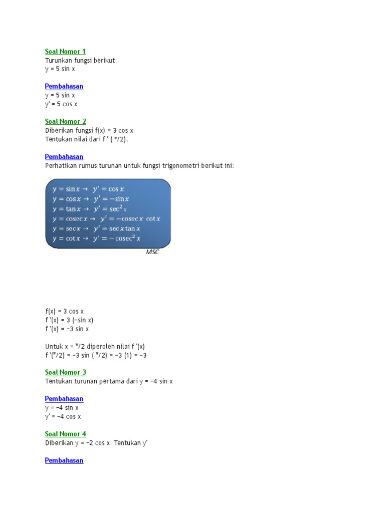 Soal Turunan Fungsi Trigonometri