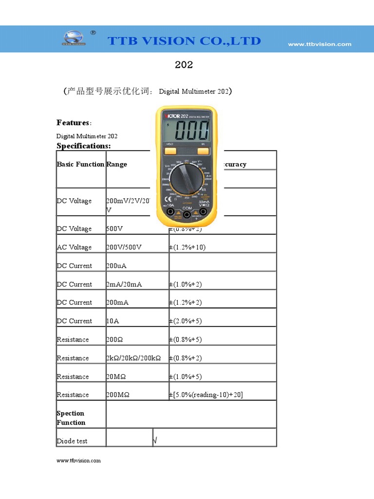 Digital Multimeter 202 Specifications | PDF