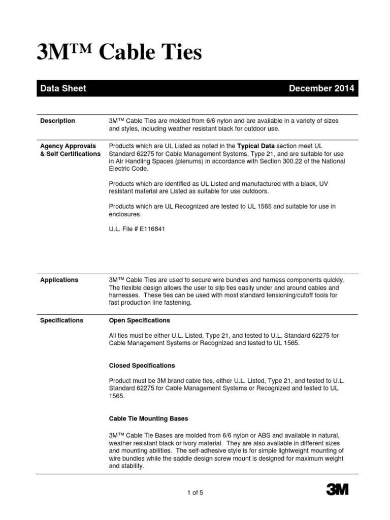 3M™ Cable Ties Data Sheet December 2014 PDF Cable Manufactured Goods