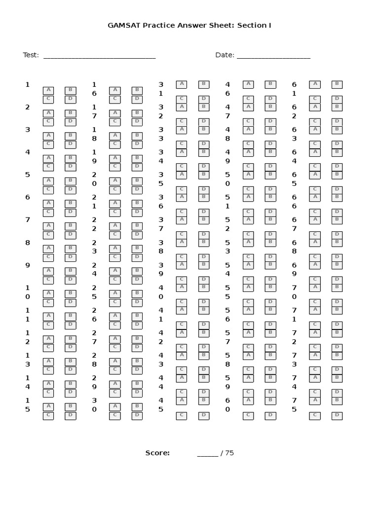GAMSAT Practice Answer Sheet | PDF | Data Collection | Tests
