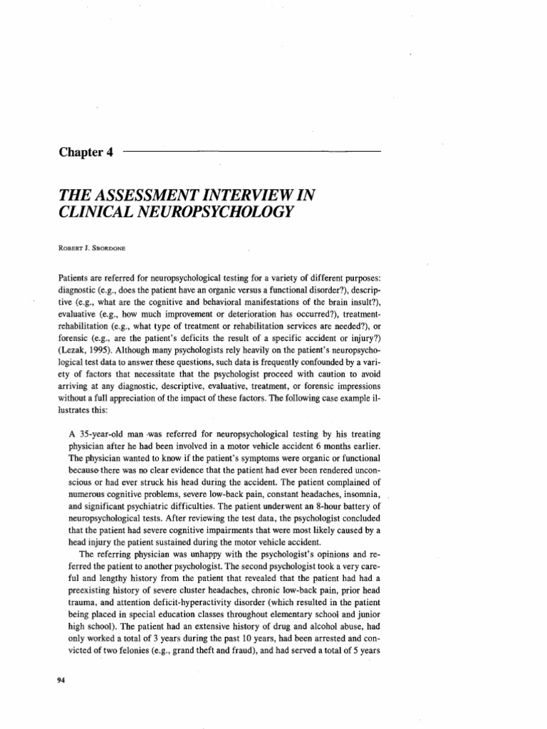 The Assessment Interview in Clinical Neuropsychology PDF Psychiatry