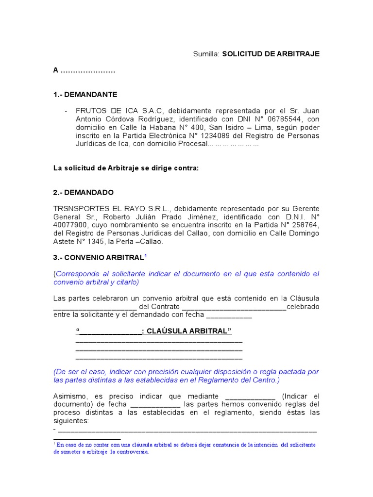 Modelo De Solicitud De Arbitraje 1 Arbitraje Gobierno