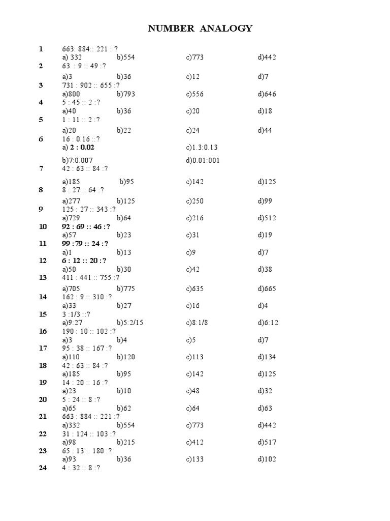 Number Analogy Questions and Answers | PDF