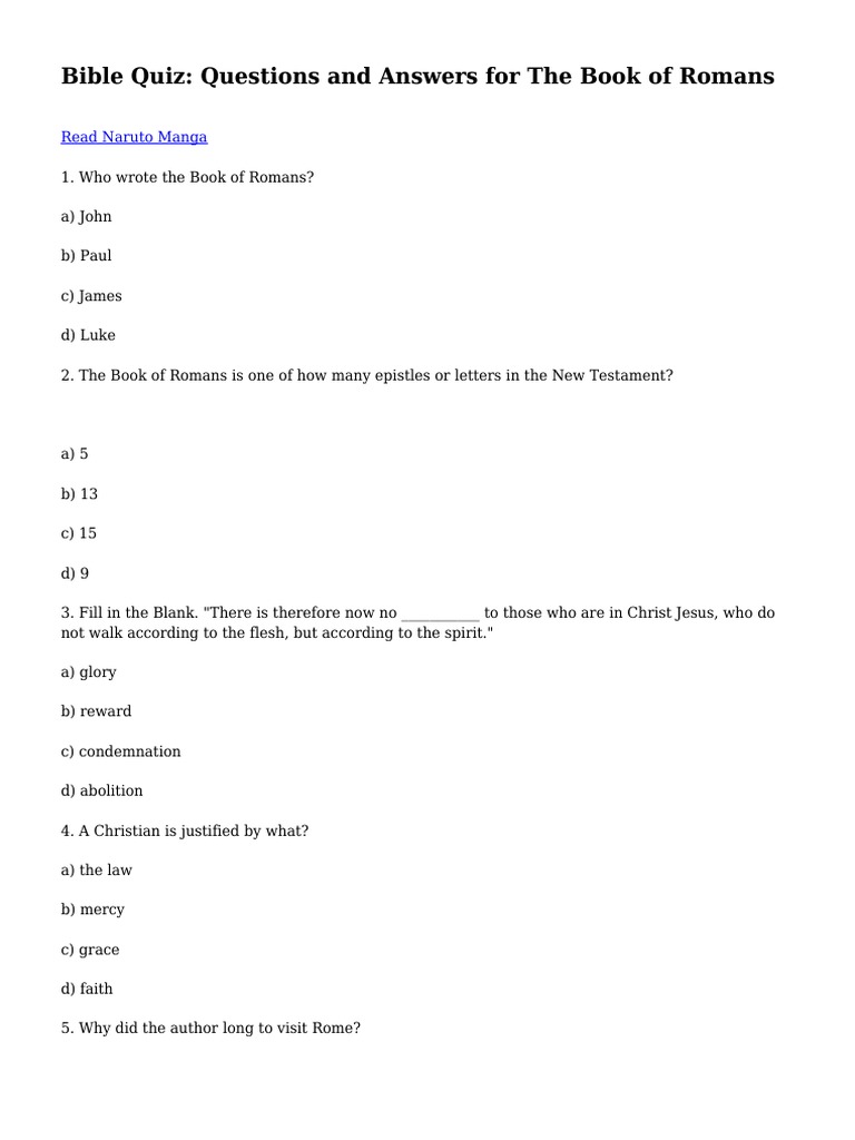 Bible Quiz Questions and Answers For The Book of Romans PDF