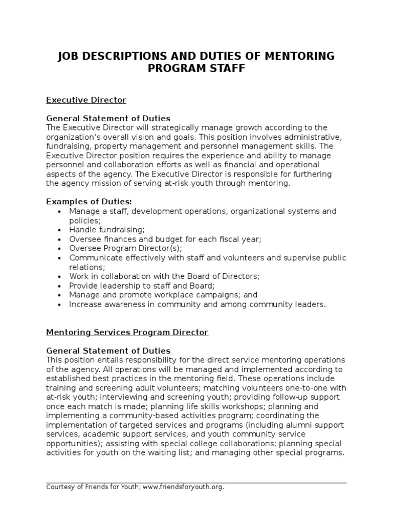 Job Descriptions and Duties of Mentoring Staff Mentorship Board Of Directors