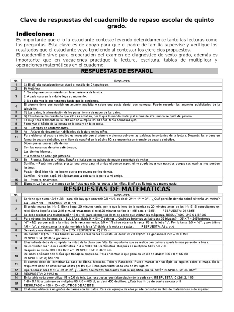 Clave De Respuestas Del Cuadernillo De Repaso Escolar De Quinto Grado Lectura Proceso Science