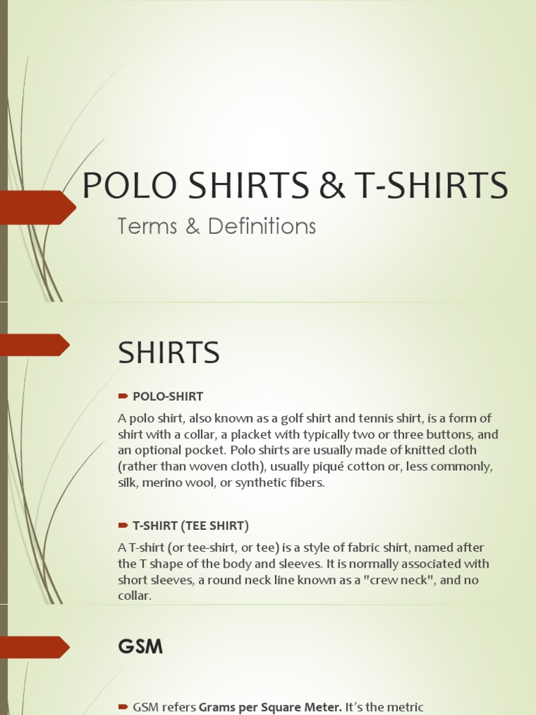 Polo Shirts & T-Shirts Terms & Definitions | PDF | Yarn | Knitting