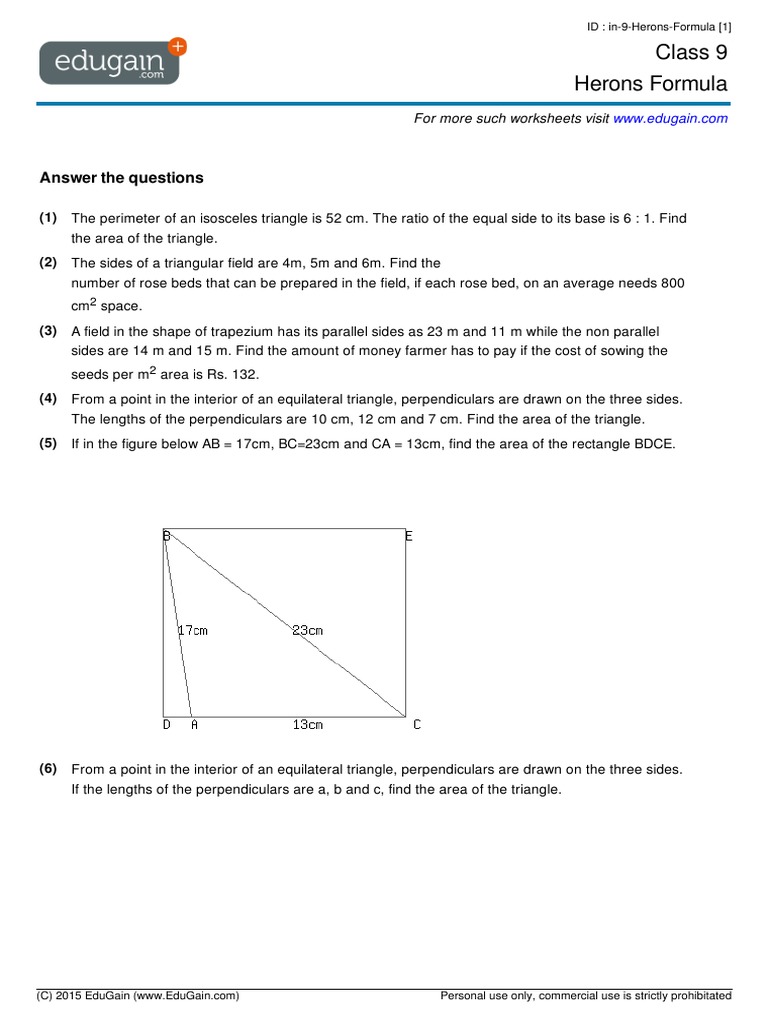 Grade 9 : Herons Formula Worksheet Area Triangle