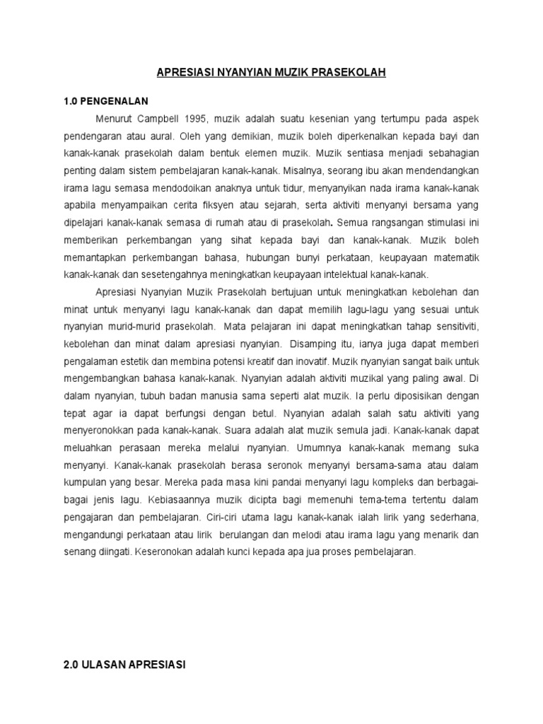 Tugasan Apresiasi Nyanyian Muzik Prasekolah Pdf