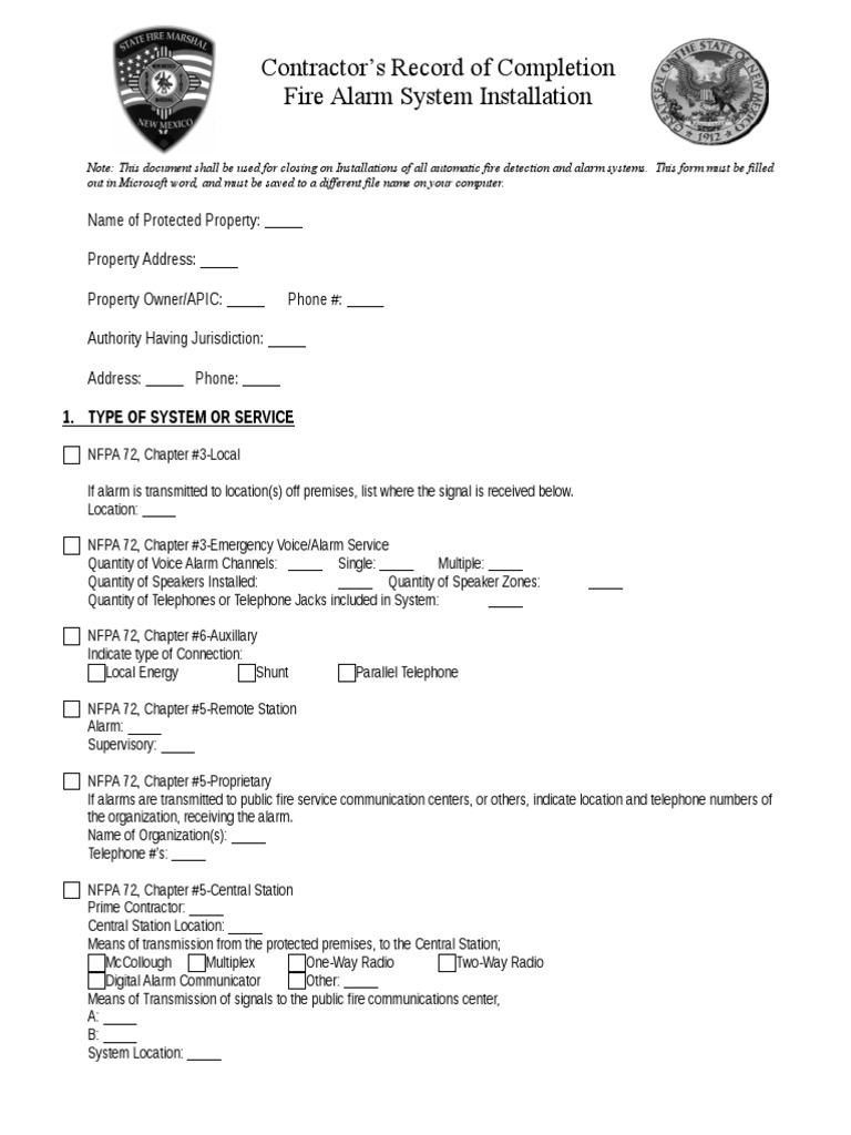 Fire Alarm System Record of Completion PDF Telephone