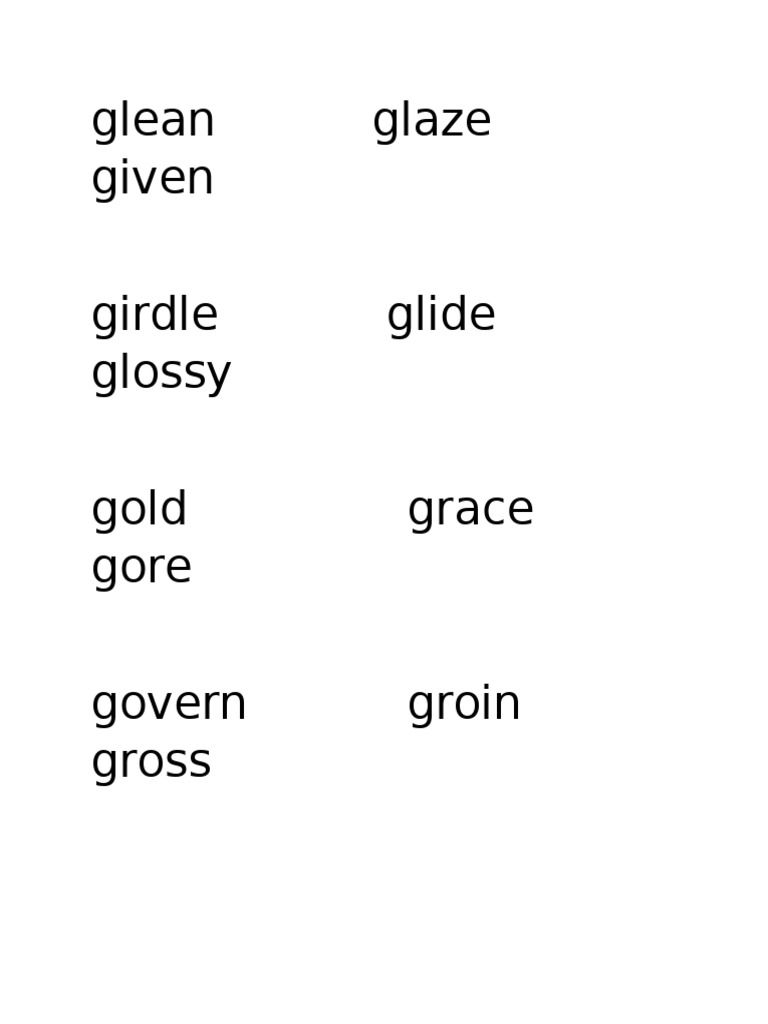 Glean Glaze Given Girdle Glide Glossy Gold Grace Gore Govern Groin ...