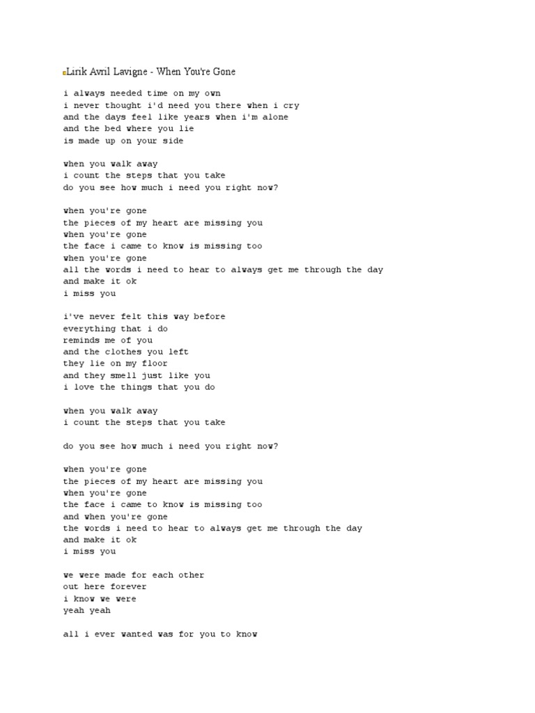 Lirik Avril Lavigne When You Re Gone