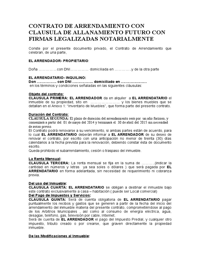 Contrato de Arrendamiento Con Clausula de Allanamiento Futuro Con ...