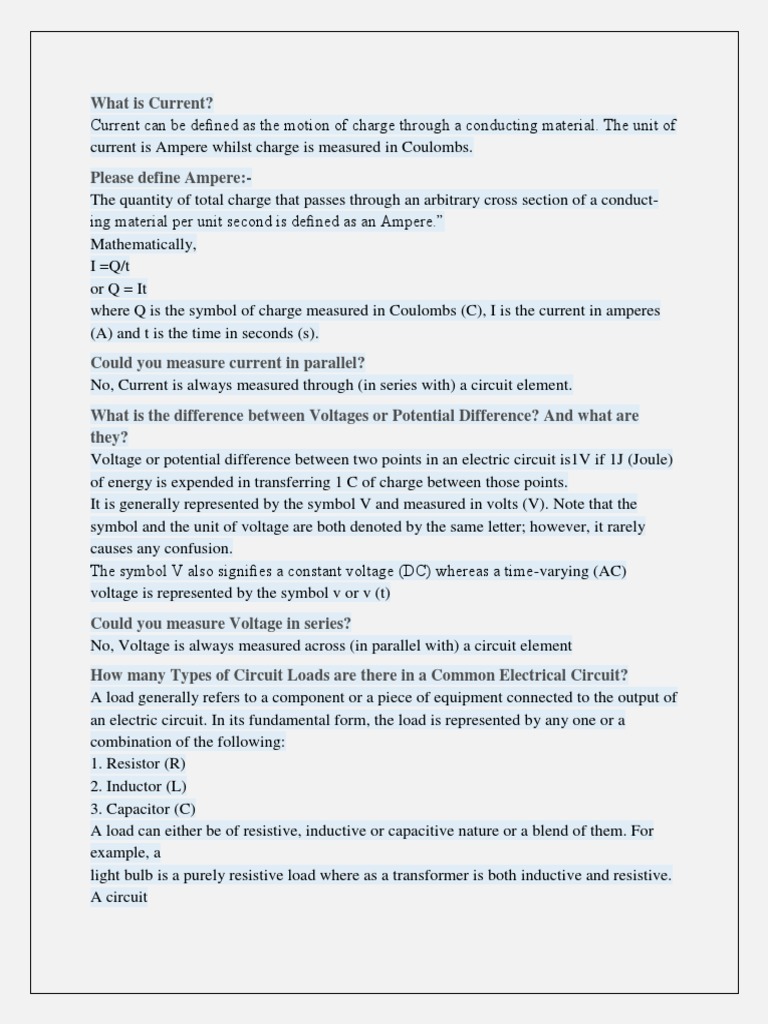 Electrical Engineering Interview Question Electric Current Voltage