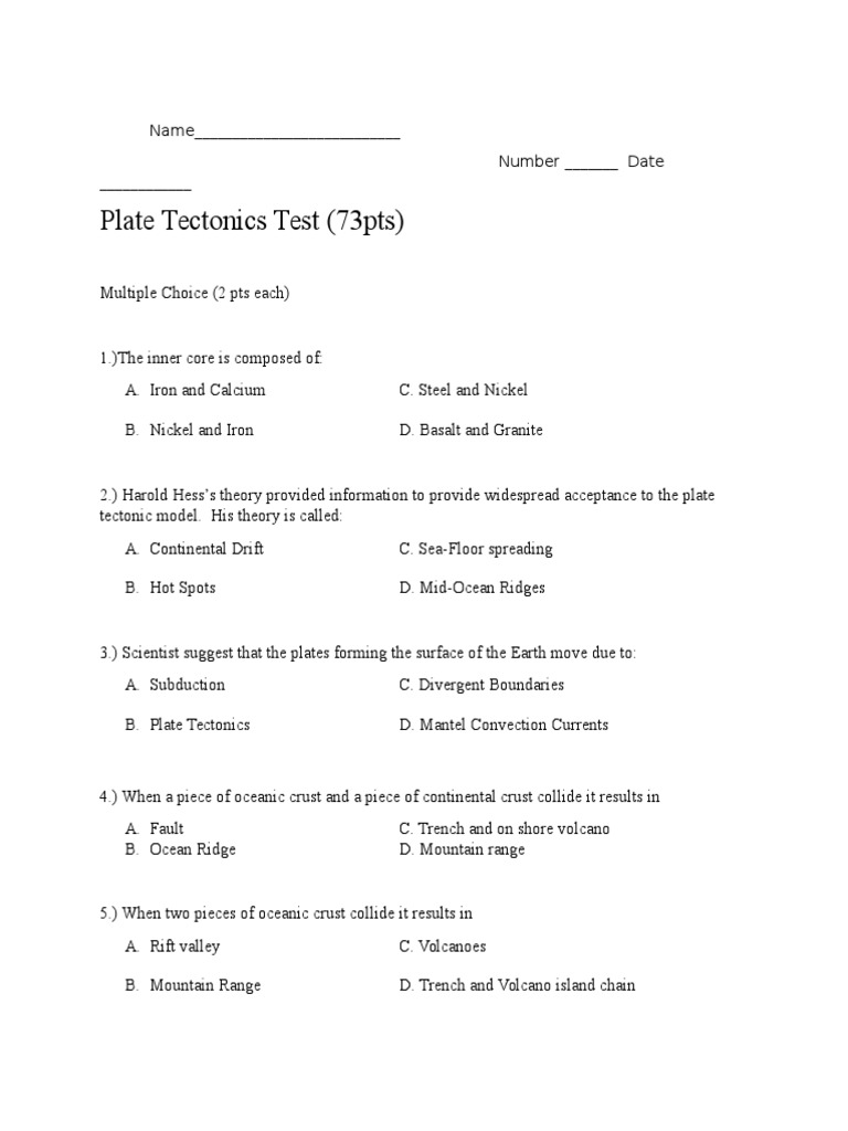 Plate Tectonics Test PDF Plate Tectonics Mantle (Geology)