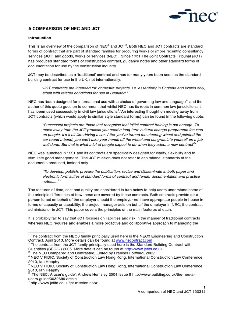 A Comparison of NEC and JCT | PDF | Construction Law | Risk Management