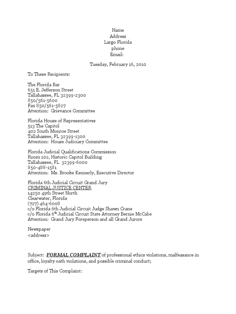 Formal Complaint Against Bar Member Judge Template Grand Jury