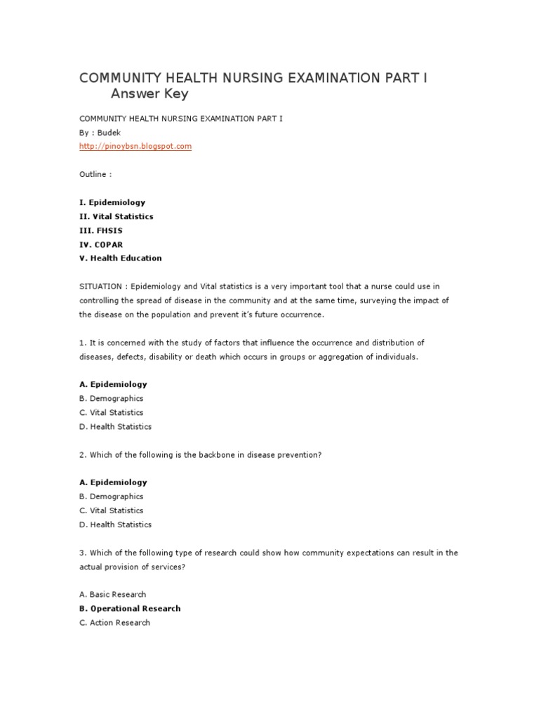 Community Health Nursing Examination Part I Answer Key | PDF ...
