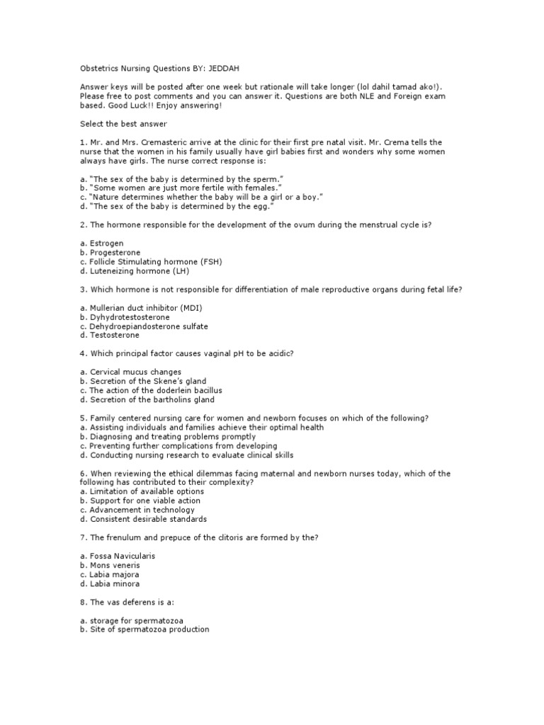 Obstetrics Nursing Exam Questions and Answers | PDF | Pelvis | Childbirth