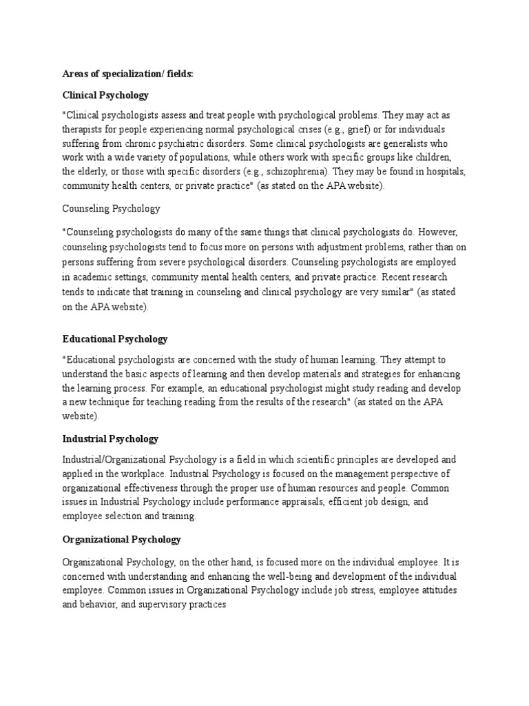 Areas of Specialization Industrial And Organizational Psychology