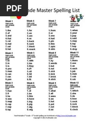 First Grade Master Spelling Lists