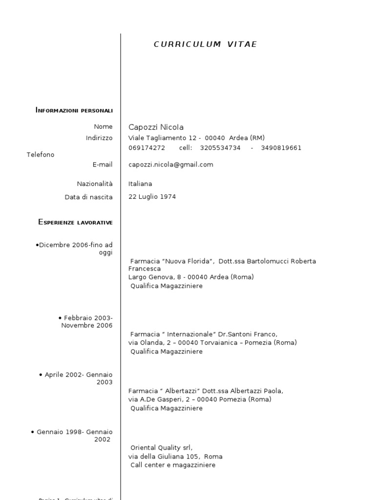 Capozzi Nicola Curriculum Vitae