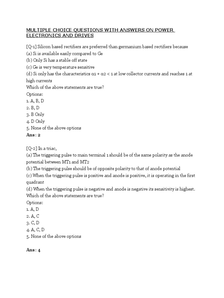Multiple Choice Questions With Answers On Power Electronics and Drives