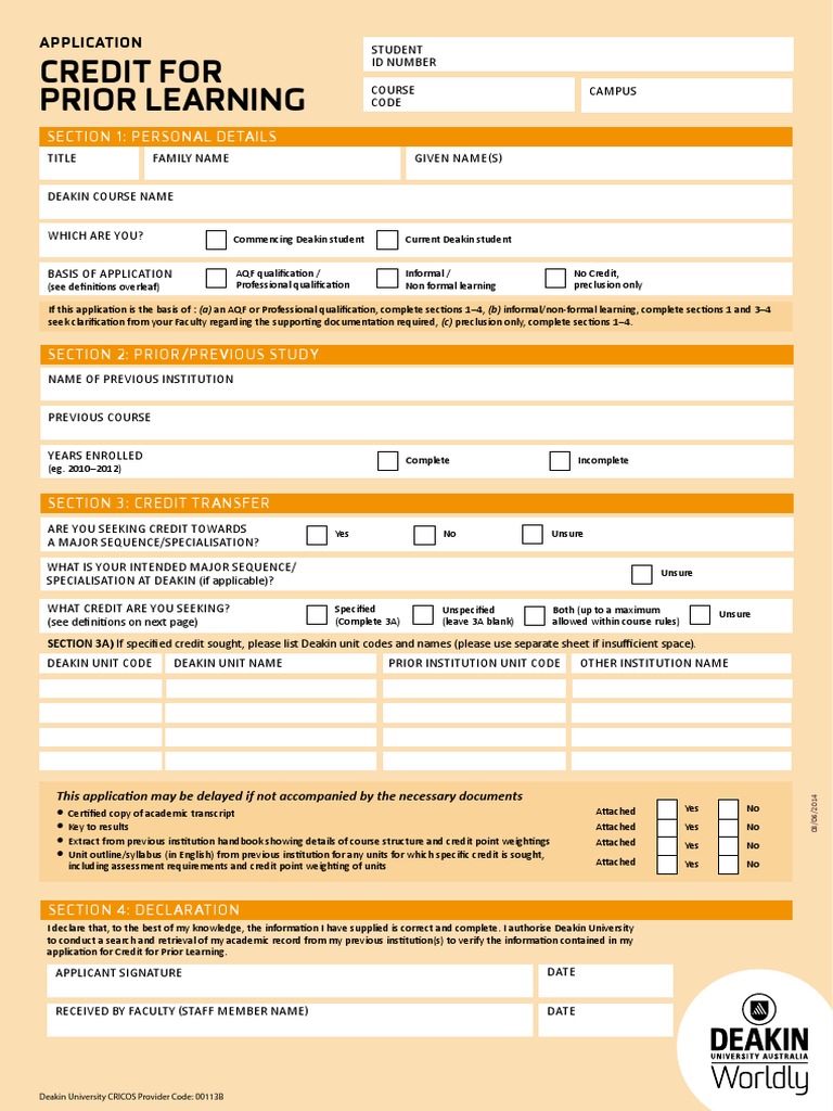 CPL Application Form Academic Degree Academia