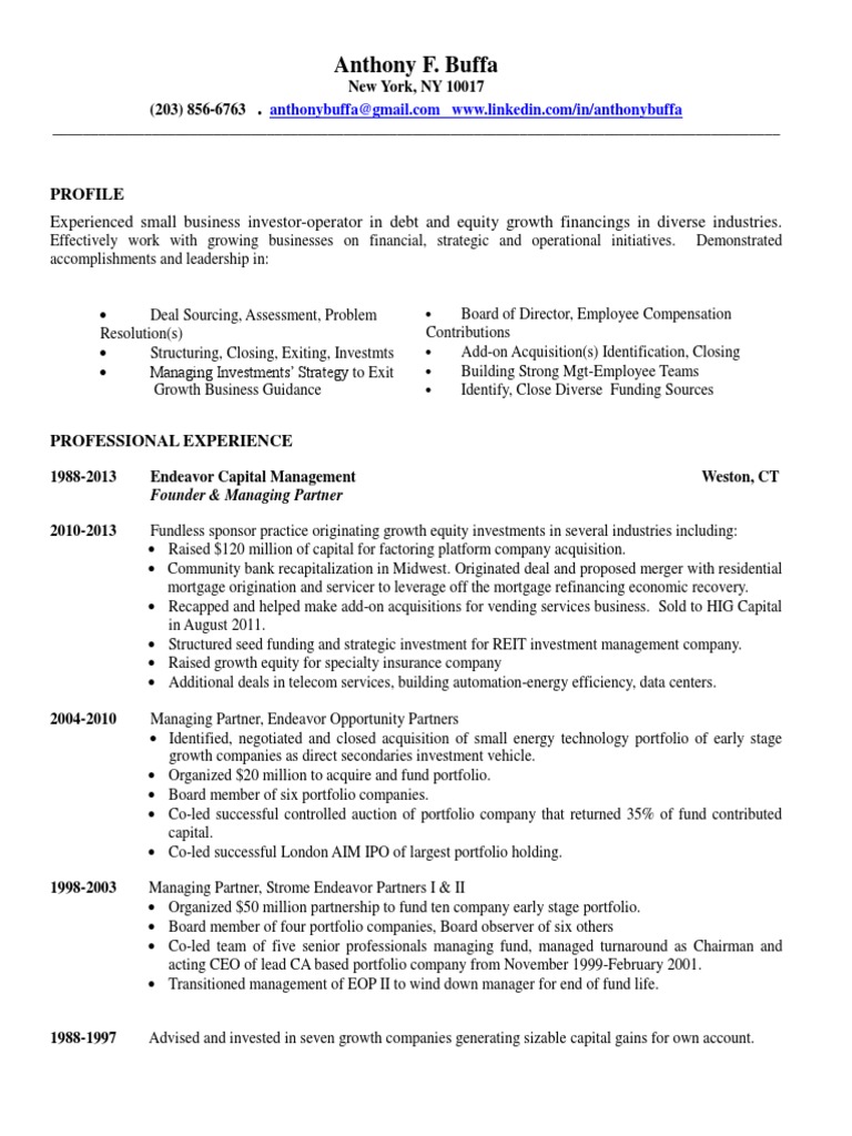 Investment Manager Private Equity in New York NY Resume Anthony Buffa