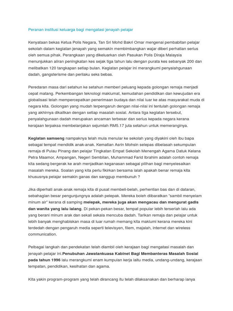 Peranan Institusi Keluarga Bagi Mengatasi Jenayah Pelajar Pdf