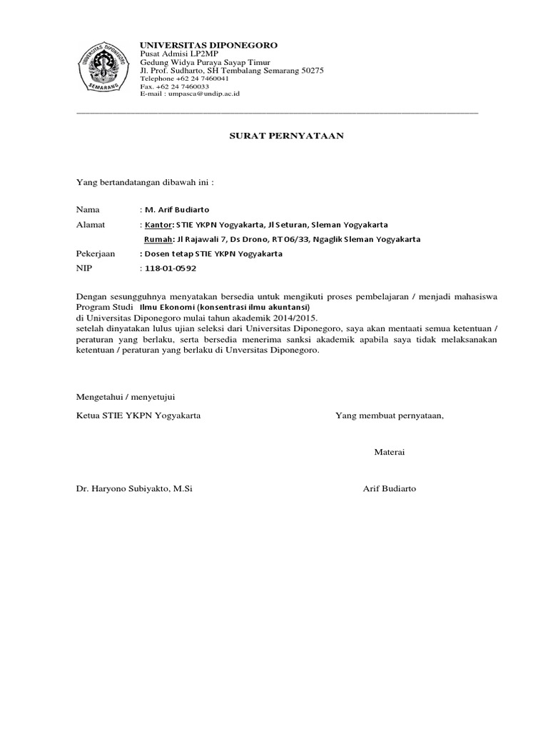 Surat Pernyataan Undip