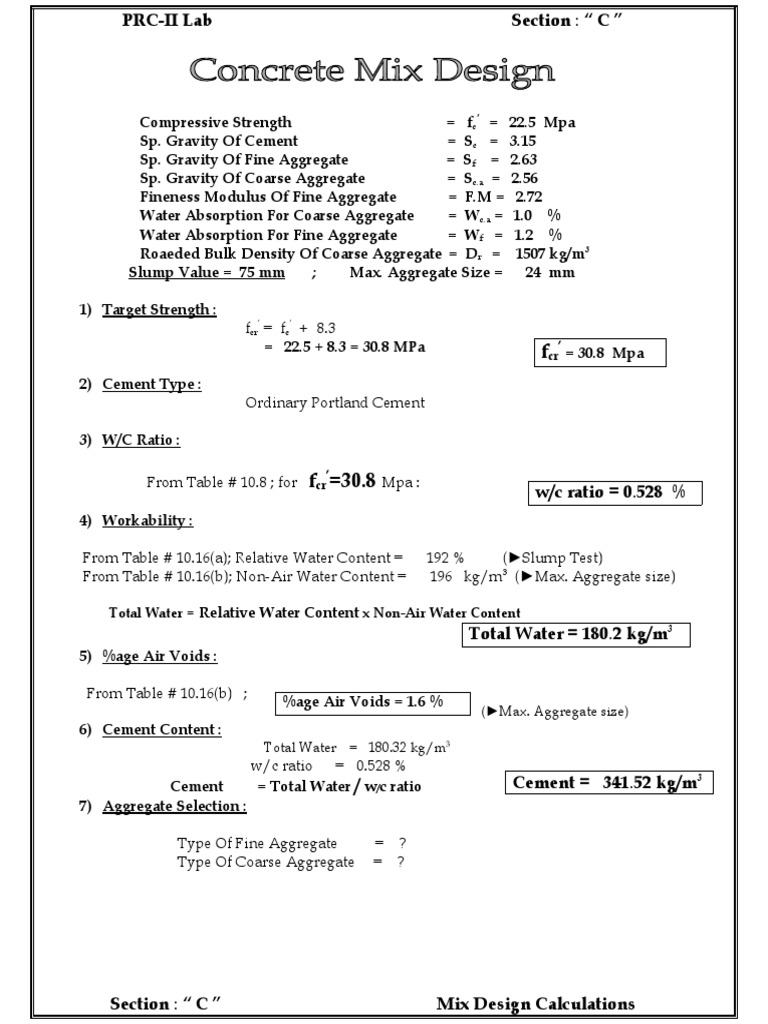 Mix Design Calculations PDF Construction Aggregate Concrete