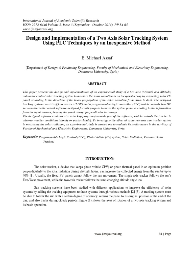 Two-Axis Solar Tracker Design Using PLC | PDF | Photovoltaic System ...