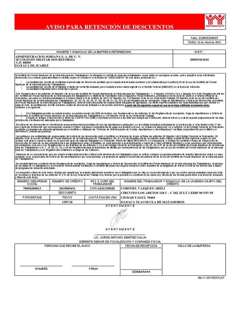 Aviso de Descuentos INFONAVIT | PDF | Pagos | Salario