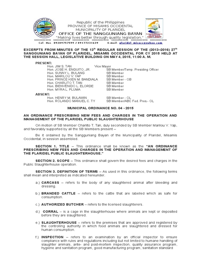 Mun Ordi No. 042015 Slaughterhouse Fees Amendments PDF Animal