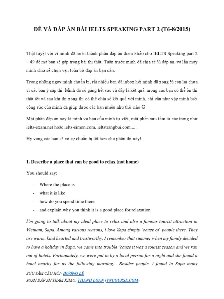 Đề Và Đáp Án Bài Ielts Speaking Part 2 (t6!8!2015) | PDF