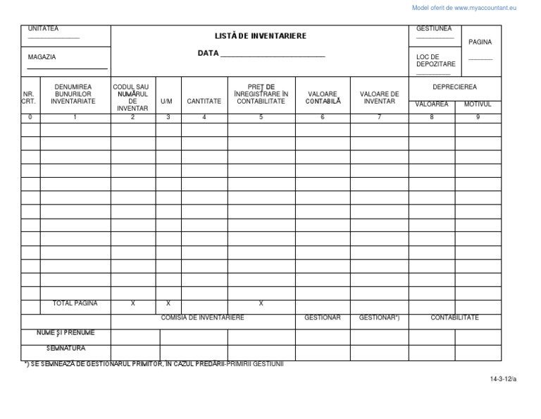 Lista de Inventariere Model Pentru Gestiuni Global Valorice | PDF