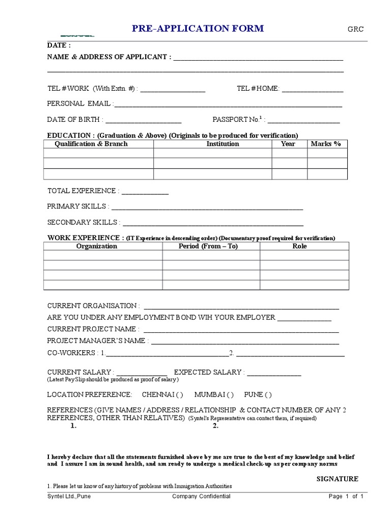 PRE Application Form: (IT Experience in Descending Order) (Documentary ...